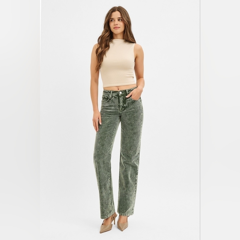 RISEN Mid Rise Tummy Control Straight Leg Corduroy Pants Jeans Green Various NEW